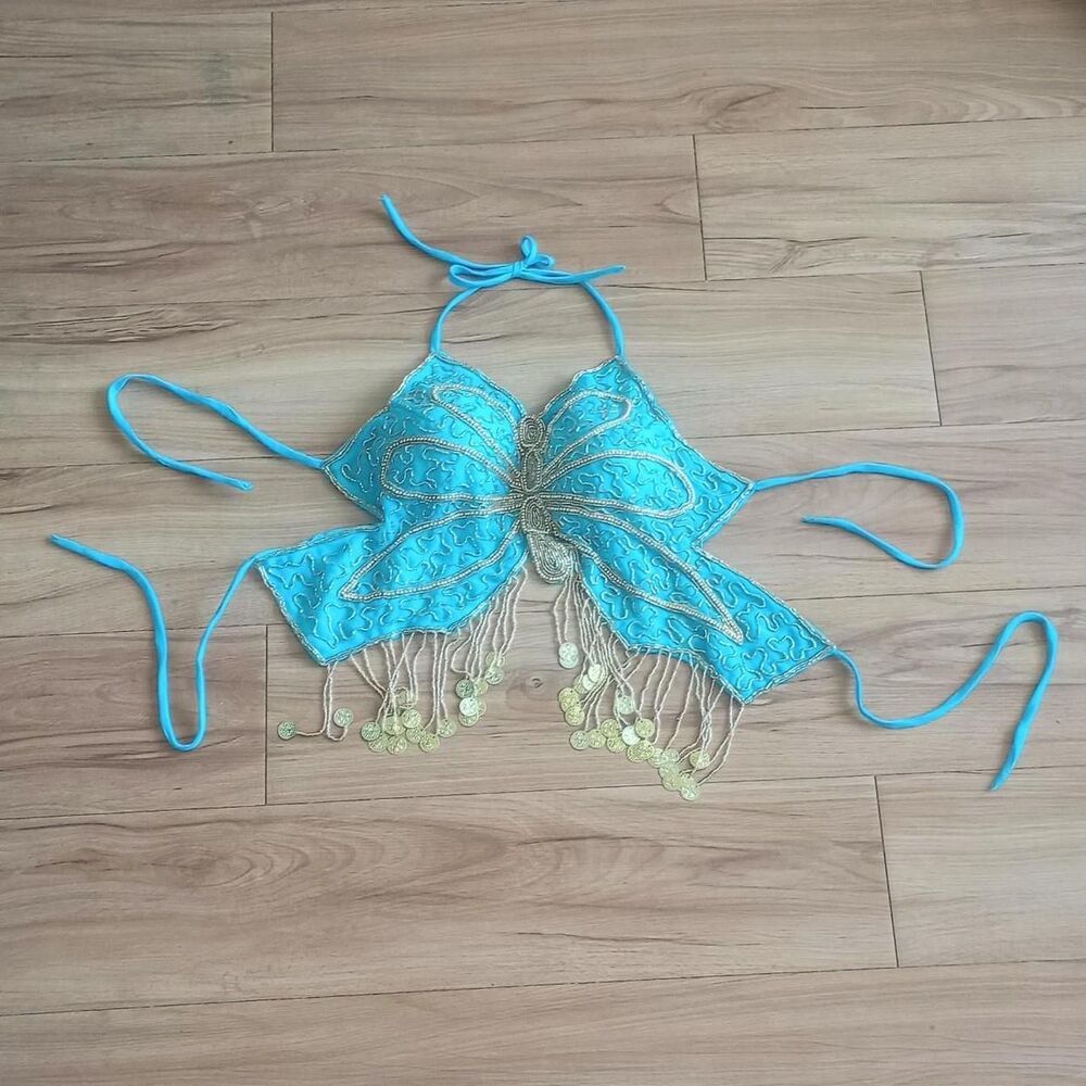 Y2K Blue Beaded Sequin Butterfly Fairy Top